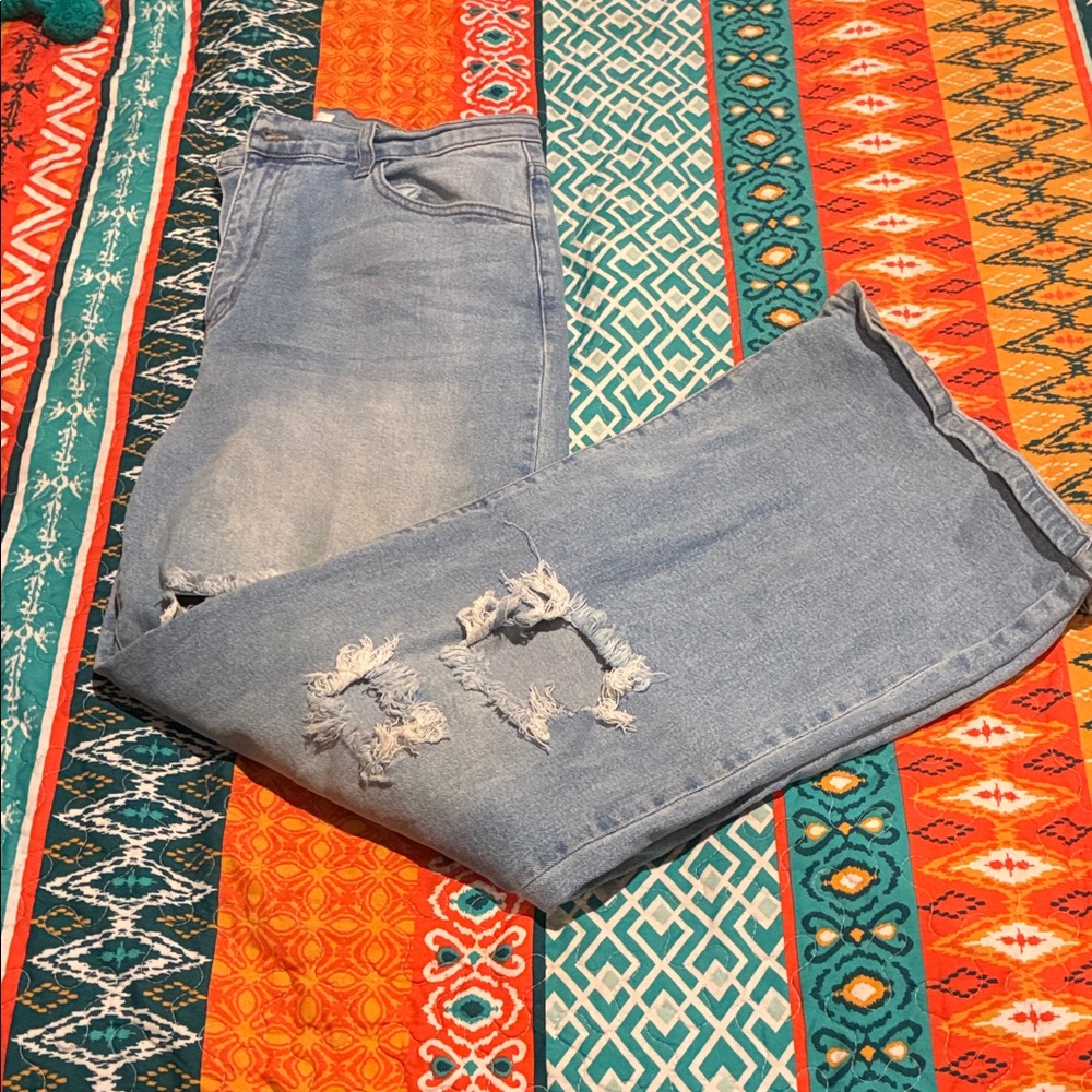 Vibrant Light Blue Distressed Flare Jeans